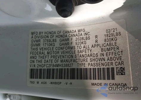 2021 Honda Civic Sport из США, поврежденный, VIN 2HGFC2F84MH538827